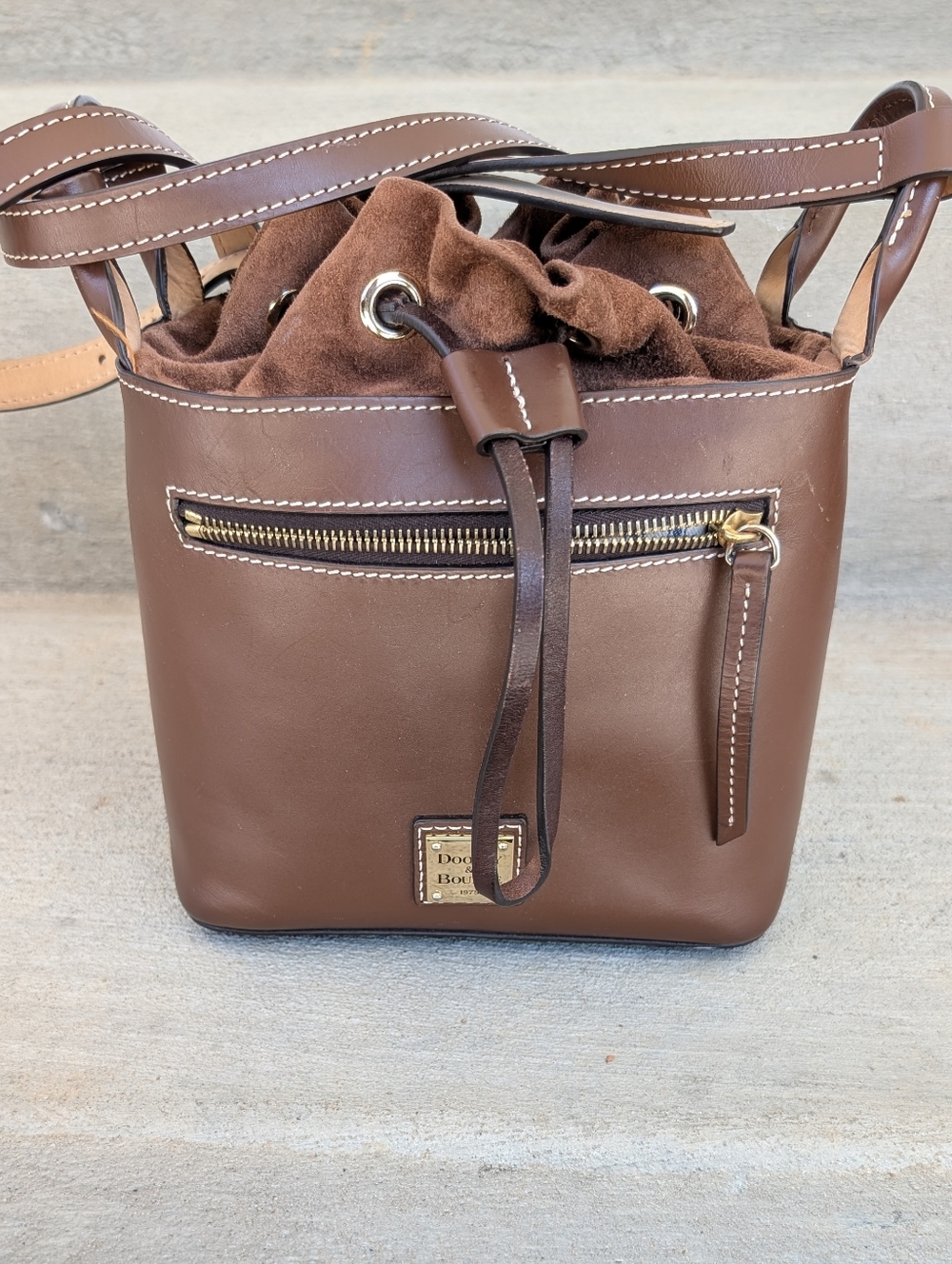 Dooney & Bourke Beacon Saffiano Drawstring Bucket Bag Brown. Comes From A Smoke-